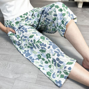 Summer Womens Cotton Silk Home Sleep Pants Loose Elastic Waist Printed Seven-Foot Thin Breathable Artificial Cotton Can Be Worn outside Wide Leg Pants