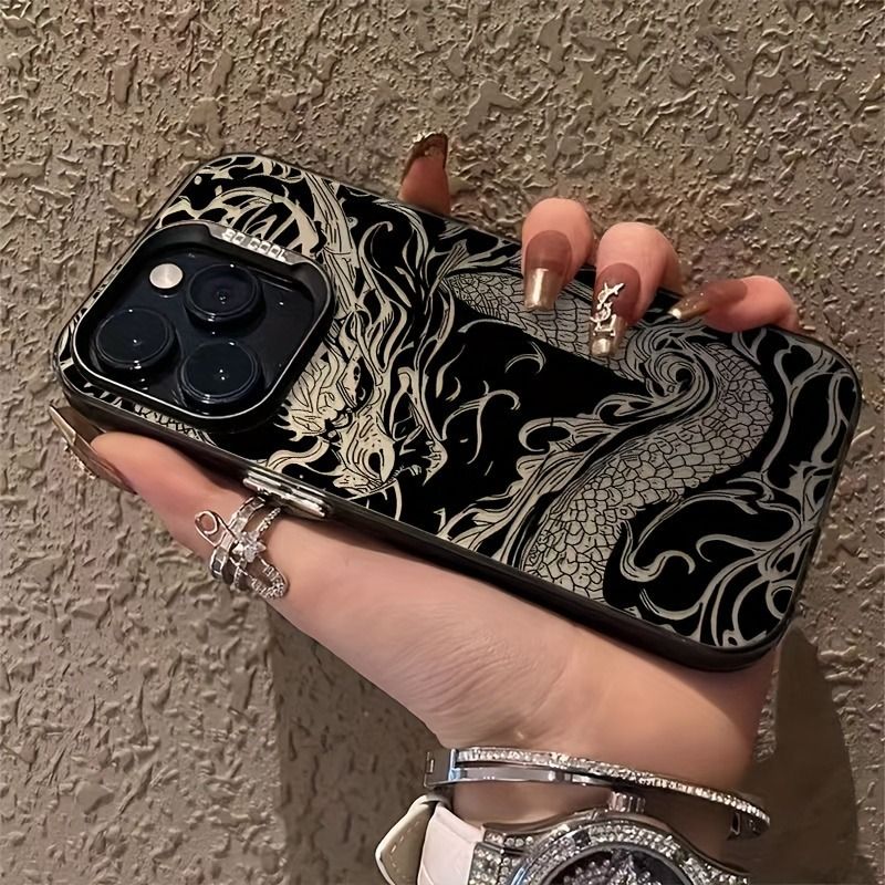 Black Dragon Pattern Electroplated TPU Phone Case, Suitable 17 Max, IPhone 16, 15, 14, 13, 12, 11, Xs, Xr, X, 7, 8,_voghion.com