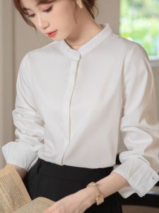 White Long Sleeve Stand Collar Shirt for Women Anti-Wrinkle Formal Commute High-End Feel Professional Interview Workwear Spring Autumn