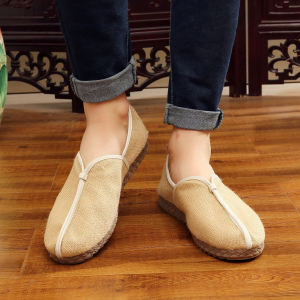 รองเท้าผู้ชายผ้าลินินรองเท้าผู้หญิงผ้าฝ้ายผสมผ้าลินินสีล้วนรองเท้าสลิปออนสไตล์ชนเผ่าสำหรับคนขี้เกียจรองเท้าคู่รักพื้นยาง TPR เหงื่อใส่สบาย