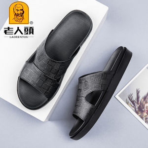 Old Head Sandals Summer Breathable Men Leather Slippers Full Cowhide Soft Bottom Outdoor Flip Flops Deodorizing Filter Solid Thick Sole