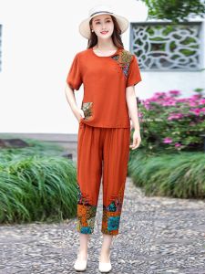 Summer Outfit Set for Middle-Aged Mothers Cotton Linen Short Sleeve Womens Two-Piece Suit Ethnic Style round Neck T-Shirt
