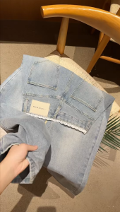 chen shop กางเกงยีนส์ผู้หญิงขายาวทรงกระบอก เอวแต่งลูกไม้ สไตล์เกาหลี คุณภาพสูง เนื้อผ้าดีระบายอากาศใส่สบ