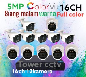 PAKET KAMERA CCTV 5MP COLORVU 16 CHANNEL 12 KAMERA FULL COLOR WARNA SIANG MALAM