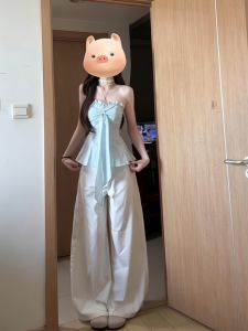 VKSOD | ชุดสองชิ้นสีฟ้าและสีขาวสไตล์ฝรั่งเศสสำหรับผู้หญิงในฤดูร้อนปี 2025 ชุดเสื้อกั๊กสายเดี่ยวและกางเกงขากว้าง