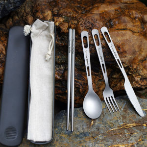 Outdoor Pure Titanium Chopsticks Spoon Set Camping Tableware Titanium Chopsticks Titanium Alloy Lightweight Knife Fork Chopsticks and Spoon Four-Piece Set