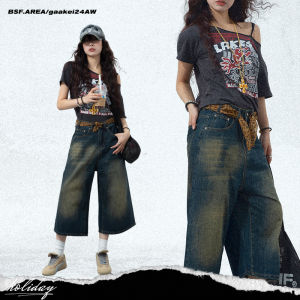 Womens Ultra Wide Leg Denim Over Knee Pants American Vintage High Waist Loose Slim Summer Mid Length Pants