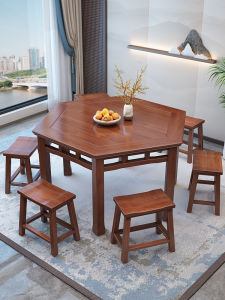 Hexagonal Wooden Table Dining Table with Chairs New Chinese Style Restaurant Tea House Six Legged Table Eight Immortals Table