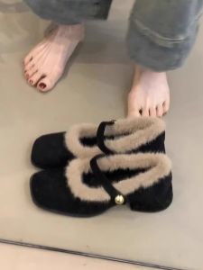 WANGGONGZHU | Princess Style Furry Lined Winter Booties Womens Thick Heel Anti-Slip Casual Shoes Korean Round Toe Buckle Design Synthetic Fur