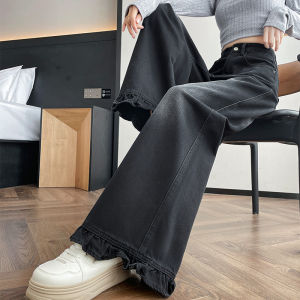 Womens Wide Leg Denim Jeans High Waist Patchwork Black Grey Floral Lace Hem Bell Bottoms Non-Muffling Autumn Fashion