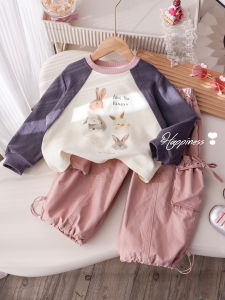 Stylish Contrast Color Cartoon Print Raglan Sleeve Girls Outfit