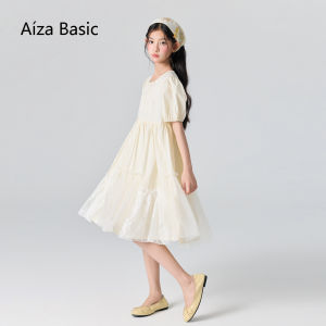 Aiza basic | Summer New Arrival Girls Dress Bubble Sleeves Mesh Panel