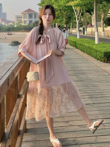 Pink Sequin Patchwork Long Dress Womens Spring Summer New Style High Waist Sling Sweet Fake Two-Piece Slimming Belted Dress