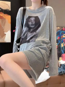 BINKAFENNY | Plus Size Womens Grey Portrait Print Long Sleeve T-Shirt Summer Loose Slimming Sunshade Cover Up Thin Style Round Neck Top