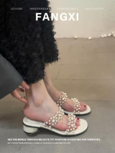 Fairy Style Square Head Pearls Transparent Strap Coarse Heel Sandals