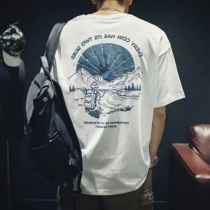 Heavyweight Pure Cotton Short Sleeve T-Shirt Mens Summer Hong Kong Style Trendy Brand Print Loose plus Size Mens T-Shirt