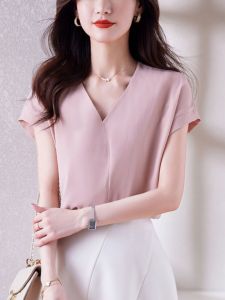 Summer Womens V-neck Chiffon T-shirt Short Sleeve Loose Top Fashionable Sweet Style Thin Fabric Regular Length