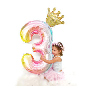 2 PCS 32 Inch Gradient Digital Balloon Childrens Birthday Decoration Number Crown Aluminum Film Balloons for Gilrs