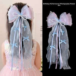 Birthday Crown Headband Veil With Ribbons and Pearl Bow