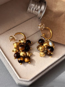 Golden Tiger Eye Stone Earrings Women Luxury Unique High-End Feeling Drop Earrings Fashionable Geometric Pattern Hoop Earrings