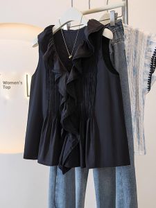 AIYITI | Unique Beautiful Lace Splicing Black V-neck Sleeveless Shirt Summer Plus Size Womens Clothing Belly Cover Small Top