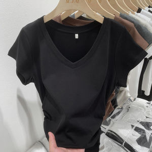 ไหล่คอวีแขนสั้นเสื้อยืดผู้หญิงฤดูร้อนใหม่หวานและเย็นแน่นจีบเอวสีขาวสาวร้อน SLIM FIT T-SH