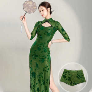 New Chinese Style Green Velvet Dance Dress Womens Slimming Gown Retro National Spirit Modified Qipao One Piece Skirt