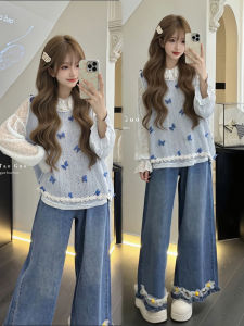 XUECAIQI | Unique Design Layered Three-piece Set Bow Vest Shirt Jeans