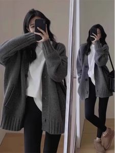 Retro Long Sleeve Knit Sweater for Women Loose Fit Casual Cardigan Thickened for Autumn Winter High End Feeling Lazy Middle Length