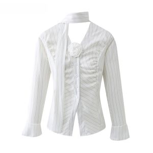 Womens Stripe Long Sleeve Shirt V-Neck Short Style Fashionable French Elegant Autumn New Arrival Commute Pattern Regular Material