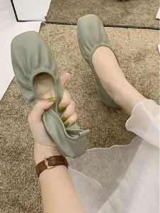 ECCO / 2024 spring large size flat single shoes square head shallow mouth pleated peas shoes womens fashion casual shoes