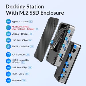 ORICO M.2 SSD NVMe/SATA Enclosure Type C HUB Docking Station with 256GB SSD 4K 60Hz HDMI-com 100W PD SD/TF for Computer Accessories