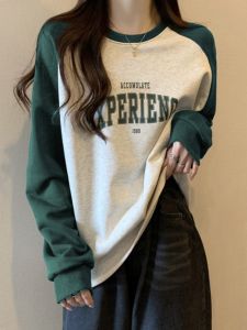 Color Contrast Patchwork Raglan Long Sleeves T-Shirt Womens Spring Fall and Winter Loose Inner Wear Heattech Velvet Padded Bottoming Shirt Clothes Fashion Ins
