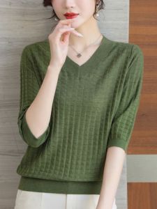 V-Neck Solid Color Casual Loose Short Sleeve Knitted Sweater Thin Summer New Style Womens Top Comfortable Breathable Slimming
