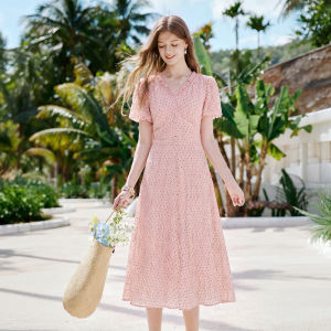 XIANGYING | Polka Dot V-Neck Ruffled Bubble Sleeve Pinafore Wood-Ear Waist Slimming Floral Printed Dress