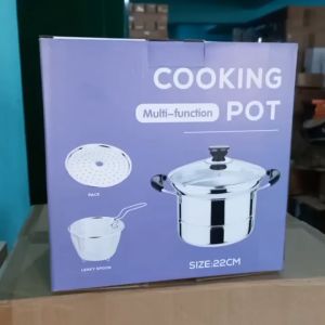 D&D Home | 22cm Stainless Steel 3 in 1 Steamer Fryer & Cooking Pot with Glass Lid | Cookwares