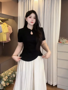 plus Size Conceal Meat Slim Short Sleeve Asymmetric Stand Collar T-Shirt Womens Summer New Chinese Retro National Style Small Top