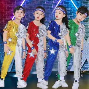 Kids golden shiny sequined short sleeve tops children silver bling bling T-shirts pants set hip hop jazz dance costumes