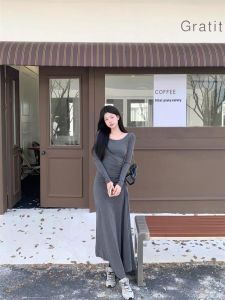 Váy Dài Tay Màu Xám Ôm Vừa Vặn Kiểu Pháp Mùa Thu Váy Dài Đến Đầu Gối Váy Dài Thường Ngày Váy Dài Mùa Thu