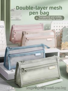 Transparent Mesh Double Layer Large Capacity Pencil Case
