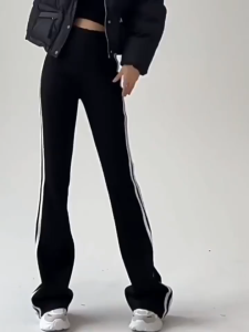 kids_thailand กางเกงขาม้า🔥นำเข้าเกาหลี🔥ผ้าวูลเวฟ เอวสูง สีดำ ทรงสลิมฟิต แต่งแถบข้าง สำหรับผู้หญิง