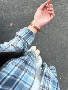 Blue Pure Cotton Long Sleeve Shirt Coat Womens Outerwear Spring Autumn Plaid Casual Style Loose Fit Polo Collar UV Protection