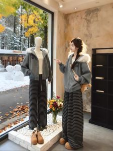XUECAIQI | Elegant Korean Style Winter Suit Fur Collar Coat Stripe Wide Leg Pants