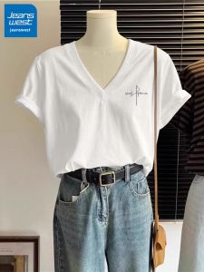 Jeanswest | Womens White Cotton Casual V-Neck Short Sleeve T-Shirt
