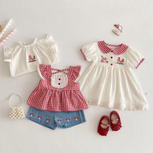 Short Sleeve Korean Style Doll Collar Embroidered Check Dress