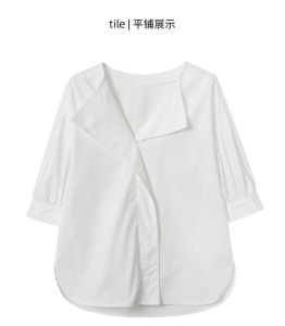 เสื้อเบลาส์ลำลองแขนสั้นสำหรับผู้หญิงสีขาว เสื้อเชิ้ตสไตล์เกาหลี แบบย้อนยุค