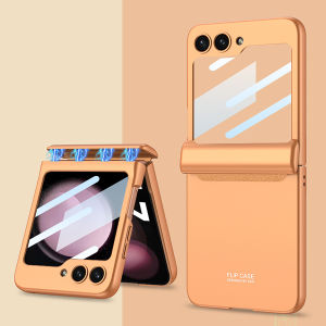 สำหรับ Samsung Galaxy Z Flip 3 4 5 6บานพับแท้เคลือบหรูหราเคสโทรศัพท์ป้องกันสำหรับ Samsung Z Flip3 Flip4 Flip5 Flip6พร้อมกระจกเทมเปอร์ป้องกันฟิล์มป้องกันหลังกันแดดป้องกันปลอกพับที่เป็นมิตรกับปกป้องตัวเครื่องสำหรับ Samsung Z Flip6 5 4 3