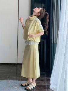 Casual Lace Splice Sweatshirt Set Skirt Womens Fashion Summer New Style Yellow Milk Color Mini Dress Two-Piece Set Short Sleeve