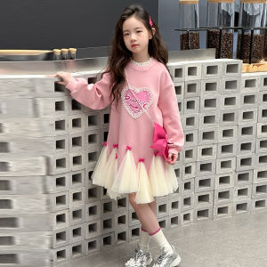 MPW | ชุดเดรสสตรีทสไตล์สำหรับเด็กผู้หญิง ฤดูใบไม้ผลิและฤดูใบไม้ร่วง เดรสสเวตเตอร์แฟชั่นสำหรับเด็ก กระโปรงทรงเอ แขนยาว ปกติ