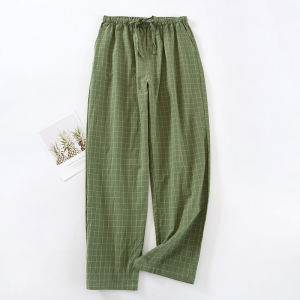 กางเกงนอนผ้าฝ้ายแท้หลวมๆ บางๆ สำหรับผู้ชาย กางเกงขายาวลายสก็อต ใส่ในบ้าน ฤดูใบไม้ผลิ ฤดูใบไม้ร่วง ฤดูร้อน กางเกงขายาวลำลอง